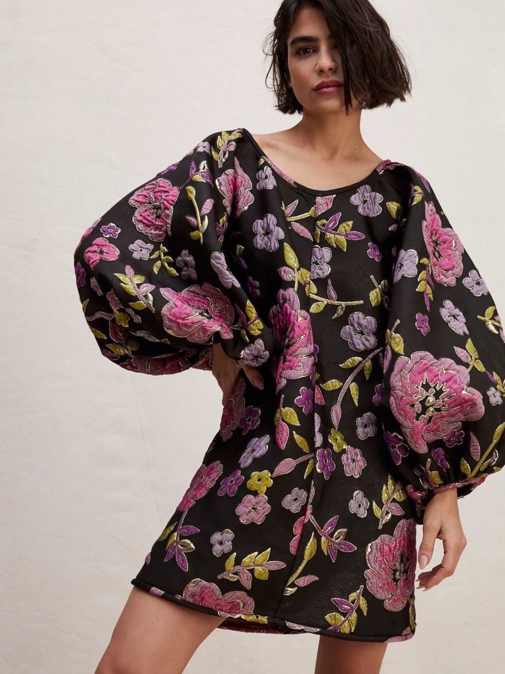 Arianne  Elmy Black Mini Dress with Pink & Lavender Floral Embroidery